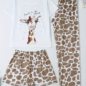 TEMU 3피스 여성용 잠옷, 봄, 여름, 가을, 라운드넥 반팔 상의 + 반팔 + 긴 바지, 귀여운 만화 프린트