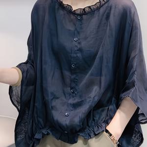 TEMU 여성용 라이트웨이트 셔츠 - 네이비 블루 버튼 프론트 플라켓, 논스트레치 소재로 보호 기능, 사무실/파티/캐주얼 캐주얼 블라우스 - 세탁기 사용 가능, 여름 패션, 배트윙 슬리브, 통기성 좋은 소재, 스타일리시 탑, 오피스 웨어, 파티룩, 트렌디한 디자인, 내구성 있는 소재, 버튼업 상의