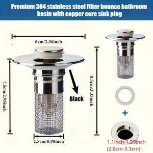 TEMU 304 스테인리스 스틸 컵코어 방수형 욕실 싱크 스트레이너, 욕조 배수구용, 호텔 리모델링 세면대, RV 냄새 차단 장치, 세면대 악취 필터 및 머리카락 캐처