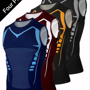 TEMU [Shule Water OBM] 프린트 패턴 남성용 탄성 통기성 민소매 조끼 4종 세트, 흡습성 및 편안함, 러닝, 피트니스 및 야외 활동에 적합