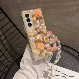 TEMU 휴대폰 케이스 - 풀 프레쉬 동백꽃 핸드메이드 라인스톤 플립 커버 (갤럭시 Z 폴드 3 4 5 6 7 호환), 고급스러운 여성용 휴대폰 케이스