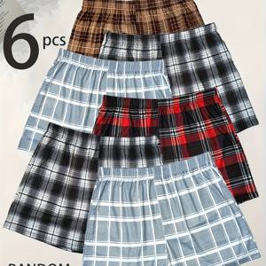 TEMU 6개입 남성용 박서 브리프 - 체크무늬, 루즈핏 캐주얼 속옷, 고신축성 비투명 소재, 기계 세탁 가능, 다양한 색상
