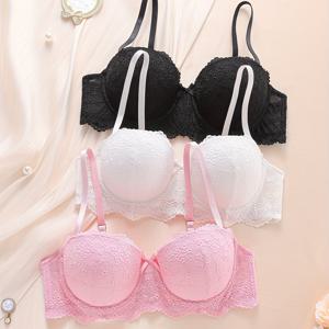 TEMU 여성용 언더와이어 레이스 트림 푸쉬업 레이스업 브라 3개 세트