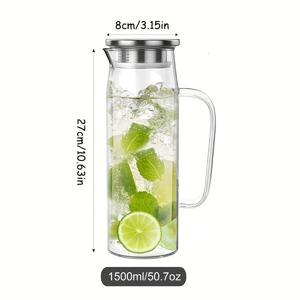 TEMU 1개 1.5L/1.2L/1.0L 유리 피처 (뚜껑 및 주둥이 포함), 손잡이 유리 카라페, 핫/콜드 워터용, 내열 보로실리케이트 대형 아이스티 피처, 커피, 레몬드, 우유, 주스 및 홈메이드 음료용, 냉장고 선반용 유리 주전자