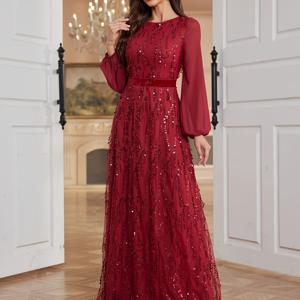 TEMU 우아한 라운드넥 태슬 스팽글 쉬폰 긴소매 이브닝 드레스, 졸업식, 결혼식 파티, 디너 파티에 적합