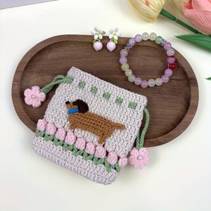 TEMU 정교한 코바늘 뜨개질 닥스훈트 꽃 드로스트링 동전 지갑, 핸드메이드 미니 강아지 꽃 코바늘 파우치, 이어폰, 동전, 액세서리 보관에 완벽. 친구를 위한 휴가 선물, 굿디백, 애완동물 애호가를 위한 선물로 이상적
