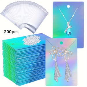 TEMU 200개 홀로그래픽 귀걸이 카드 DIY 액세서리 디스플레이 세트, 50개 귀걸이 카드 + 50개 백 + 100개 고무 귀걸이 뒷받침 포함