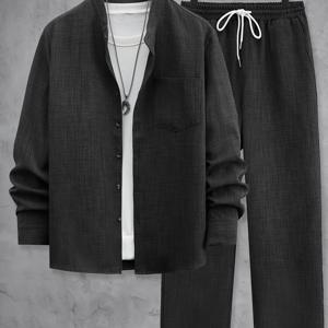 TEMU 남성 솔리드 컬러 더블 브레스트 체크 컬러 긴팔 드로스트링 팬츠 캐주얼 의상