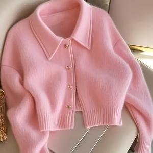 TEMU 빈티지 젠틀 소프트 슬라우치 스타일 새로운 핑크 라운드넥 긴소매 두꺼운 스웨터 가디건 여성용 겨울 추가 아이템