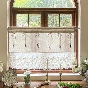 TEMU 1패널 러스틱 플레인 커튼, 우드 비즈 자수 레이스 반창고리, 주방 창문용 빛 차단 카페 하프 커튼