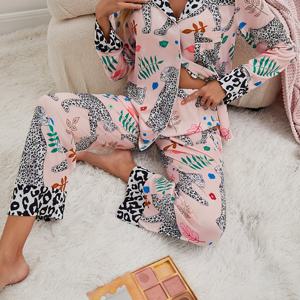 TEMU 여성용 프린트 파자마 수트 - 2피스 수면복 세트 - 칼라 앞단추 나이트가운 & 매칭 팬츠, 기계 세탁 가능 파자마 (2피스)
