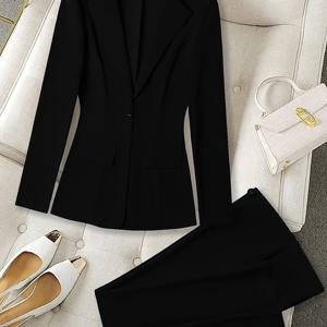 TEMU 새로운 우아한 캐주얼 심플 감성 여성 투피스 수트 재킷 긴팔 슬림핏 팬츠 세트 직장인 전문가용 여성 수트 2468