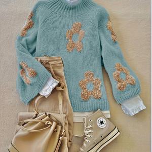 TEMU 패션 플라워 디스카드 패턴 대형 슬리브 가든 칼라 여성 상의 패션 소프트 롱 슬리브 레이디스 스웨터 데일리 캐주얼 출퇴근 따뜻한 겨울 의류 만든 옷 (상의 전용)