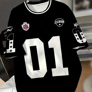 TEMU 남성 숫자 패턴 프린트 티셔츠 - 통기성 좋은 탄성 니트 원단, 캐주얼 스포츠 스타일 블랙 앤 화이트 대각선 라운드넥, 세탁기 사용 가능, 헬스장, 파티 및 데일리 웨어에 적합, 편안한 착용감, 어반 패션 프린트 셔츠