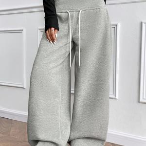 TEMU 여성용 오버사이즈 와이드 레그 팬츠 - 솔리드 그레이 겨울 바지, 탄력 있는 드로스트링 허리, 따뜻한 캐주얼 & 포멀 웨어 유니폼, 교사 복장, 졸업식 (세탁기 사용 가능, 루즈핏)