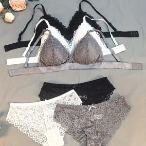 TEMU 6피스 솔리드 컬러 플로럴 레이스 브라와 팬티 세트, 로맨틱 얇은 스트랩 브라와 리본 장식 팬티, 여성 속옷