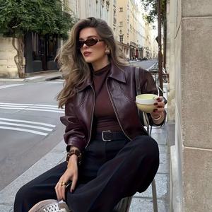 TEMU 여성 빈티지 스타일 레드 재킷 (지퍼 앞면) - 스타일리시한 짧은 길이, 긴 소매, 버튼 디테일, 캐주얼 또는 시크한 의상에 완벽, 캐주얼 시크 재킷 | 빈티지 재킷 | 지퍼 재킷