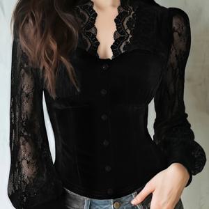 TEMU 봄/가을 패션 여성용 단색 레이스 패치워크 브이넥 긴소매 우아하고 활용도 높은 가디건 상의