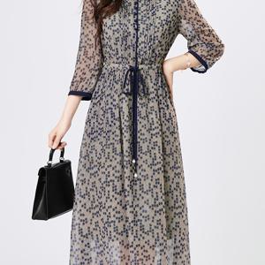 TEMU 우아한 블루-그레이 폴카 도트 프린트 여성 드레스, 라운드넥 버섯 모양 디자인, 편안한 7/4 소매 롱 드레스, 조절 가능한 드로스트링 허리, 데일리 출퇴근 캐주얼 데이트 드레스, 봄, 여름, 가을 레깅스 드레스