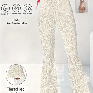 TEMU [데일리 캐주얼 스타일] 여성용 하이웨이스트 우아한 프린트 플레어 팬츠 - 플로럴 라인 콤비네이션 패턴, 컬러 스플라이스 디자인, 사계절 착용 가능, 사계절 편안한 착용감, 슬림 플레어 팬츠