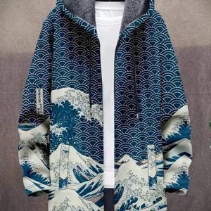 TEMU 빈티지 일본 미술 파도 패턴 프린트 패션 남성용 플러시 두꺼운 긴소매 카디건 코트 겨울 방한 지퍼 후드 코트