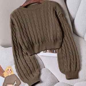 TEMU 여성 솔리드 컬러 반팔 라운드넥 긴팔 캐주얼 탑 풀오버 스웨터 (가을/겨울)