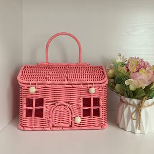 TEMU 1개 직조 하우스 스타일 바구니 뚜껑 포함 - 내구성 있는 플라스틱 인조 라탄 보관 용기, 러스틱 코티지 직조 디자인 /실외 사용, 담요, 식료품 보관용 숨김 뚜껑 - 홈 & 선반용 장식 바구니, 선반 바구니