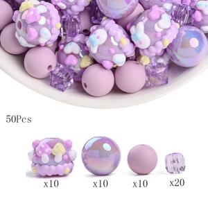 TEMU 50개 소프트 퍼플 아크릴 원형 비즈 | 중앙 구멍이 있는 다양한 모양 조합, 밝은 라벤더 및 백합색, 주얼리 제작, 목걸이 및 팔찌 수공예에 이상적