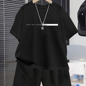 TEMU 남아용 THE 패턴 캐주얼 여름 반팔 세트, 패셔너블한 아웃도어 스포츠 봄/여름 티셔츠 상의와 반바지, 5-6세, 6-7세, 8-10세, 12-14세용. 기타 액세서리는 별도 판매되지 않음, 야외 활동에 적합