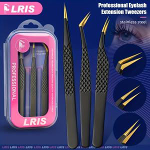 TEMU LRIS 브랜드 3pcs 전문가용 고정밀 속눈썹 연장 도구 세트. 블랙 미끄럼 방지 핀셋 디자인, 곡선 및 직선 돌핀 핀셋, 미용사용 정밀 핀셋, 통증 없는 속눈썹 포지셔닝 도구가 특징입니다.