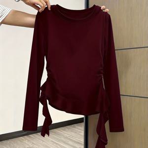 TEMU 러플 헴 비대칭 긴팔 티셔츠, 가을 타이업 플리츠 탑