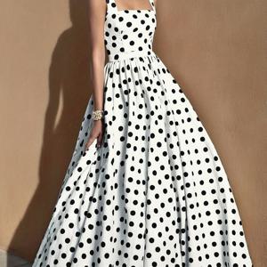 TEMU 여성 레트로 블랙 앤 화이트 물방울 무늬 드레스, 스퀘어넥 민소매 허리 주름 플레어 디자인, 우아한 인품 데이트 출퇴근 롱 드레스