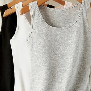 TEMU 3팩 여성용 신축성 탱크 탑, 부드럽고 편안한 릴렉스 핏, 다용도 기본 캐미솔 (블랙/그레이/화이트), 사계절 캐주얼 레이어링 셔츠 (데일리 웨어)