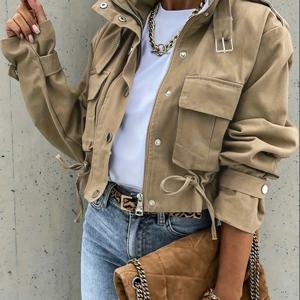 TEMU 여성 봄/가을 캐주얼 스탠드 칼라 레이스업 재킷, 반팔, 단색, 트렌디한 바이커 스타일, 통기성, 다용도 , 편안한 착용감, 여성용 캐주얼 재킷