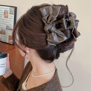 TEMU 한국 스타일 리본 인조 가죽 대형 그립 클립 라이트 럭셔리 소형 향 스타일 헤어 스타일링 상어 클립