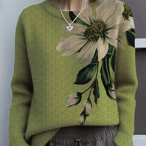 TEMU 그린 플로럴 프린트 여성용 풀오버 - 우아한 라운드넥 스웨터, 가을/겨울에 편안하게 레이어링하는 좋은 아이템, 우아함과 스타일을 풍기며, 트렌디한 탑 [루즈핏] [사이즈는 2-3CM로 차이될 수 있음]