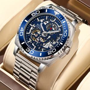 TEMU RUIGE 남성용 완전 자동 시계. 양면 할로우 디자인과 스테인리스 스틸 기계식 무브먼트가 특징이며, 배터리가 없는 스타일리시하고 트렌디한 야간 조명 시계입니다.