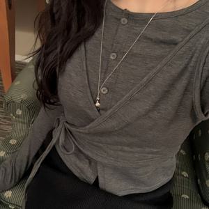 TEMU 봄 신상 다크 그레이 크로스 라운드넥 타이 허리 탑 투피스 긴팔 슬림핏 스파이시 안감 겉감 베이스 가디건