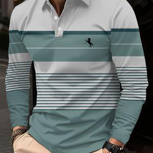 TEMU 남성용 긴팔 폴로 셔츠 캐주얼 3D 프린트 디자인, 회색, 흰색, 녹색 기하학적 패턴 스포티 스타일 남성용 긴팔 셔츠