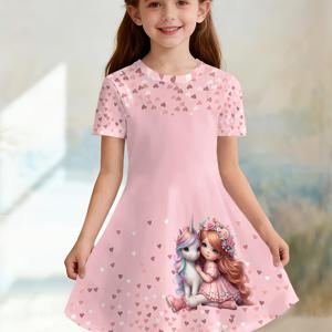 TEMU 유아 여아 원피스 | 만화 소녀 유니콘 3D 프린팅 패턴 | 캐주얼 반팔 원피스 | 여름 의류 | 세탁기 사용 가능 | 편안하고 스타일리시하며 활기찬 여아에게 적합한 여아 의류