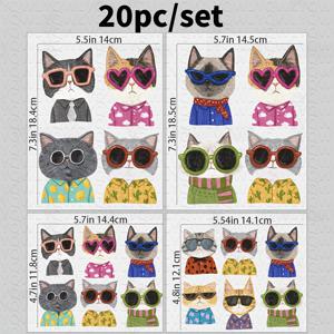 TEMU 패션 안경을 쓴 고양이 20개 DIY 데칼, DTFSuitable, 의류, 티셔츠, 청바지, 백팩용, 스타일 세탁 가능한 열전사 프린트 디자인 데칼