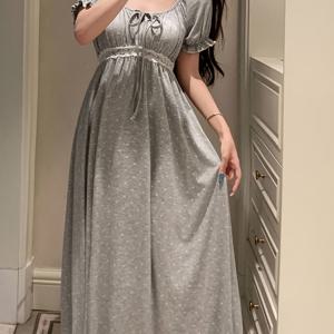 TEMU 인기 유럽&미국 신상 봄/여름/가을 여성용 홈드레스, 소형 플라워 프린트, 라운드넥, 반팔, 러플 커프스, 프론트 타이 보우, 레이스 트림, 허리 묶음 밑단, 웨이브 밑단, 패셔너블 캐주얼 편안한 나이트가운 드레스