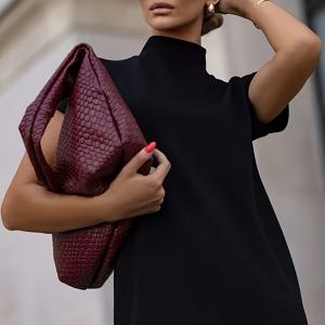 TEMU 슬림핏 반팔 하이넥 드레스 - 솔리드 블랙 미디 길이 숏 드레스, 파티, 웨딩, 캐주얼 착용 가능 - 세탁기 사용 가능한 연중 착용 의상