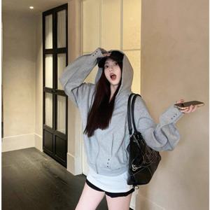 TEMU 디자인 리벳 후드 긴팔 스웨터 여성용 스위트 앤 쿨 슬리밍 탑