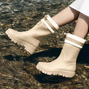 TEMU 여성용 미끄럼방지 스타일리시 패션 미들 레인부츠, 스트링조절 완벽 방수, 두꺼운 밑창, 장마 여자 장화 신발