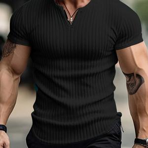 TEMU 남성 캐주얼 V넥 패션 반팔 티셔츠 헨리 - 핏 스타일, 곡선형 밑단 디자인, 야외 활동 및 일상적인 캐주얼 웨어에 적합