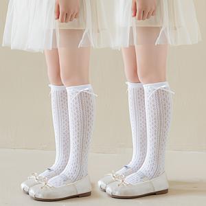 TEMU 여아용 허벅지 하이츠 양말 1켤레/2켤레/3켤레, 봄 여름용 모기 방지 통기성 좋은 경량 리본 장식 중목 양말, 손세탁 가능, 친구들과의 놀이약속 및 야외 활동용