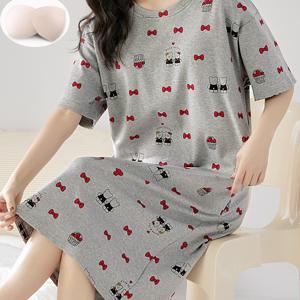 TEMU 회색 만화 보우 타이 커플 곰돌이 잠옷 (가슴 패드 내장). 여성 여름 반팔 잠옷, 미디엄 길이, 루즈핏 캐주얼. 귀여운 커플 곰돌이 패턴의 라운드넥