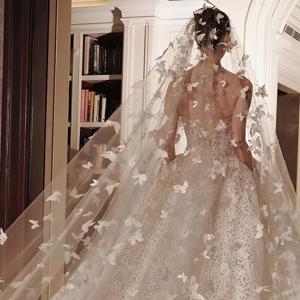 TEMU 신부 화이트 3D 나비 숲 스타일 베일, 결혼식 드레스를 위한 고급스러운 진주 헤드피스, 부드러운 튤인 인어공주 디자인