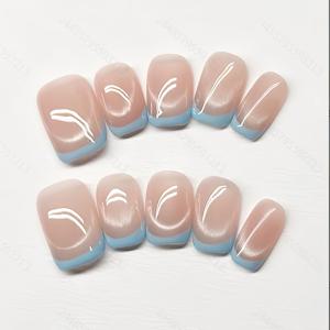 TEMU 10개입 순수 핸드메이드 웨어러블 네일 숏 스퀘어 토 블루 시리즈 네일 아트 프레쉬 젠틀 블루 프렌치 유리 비즈 캣 아이 이지 귀여운 웨어러블 네일 여성용, 봄 여름 가을 겨울 휴일 파티 및 데일리 사용